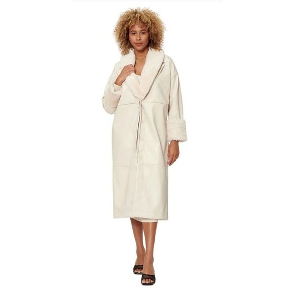 Bar III x Sofia Richie Mixed-Media Faux-Leather Coat Ivory
